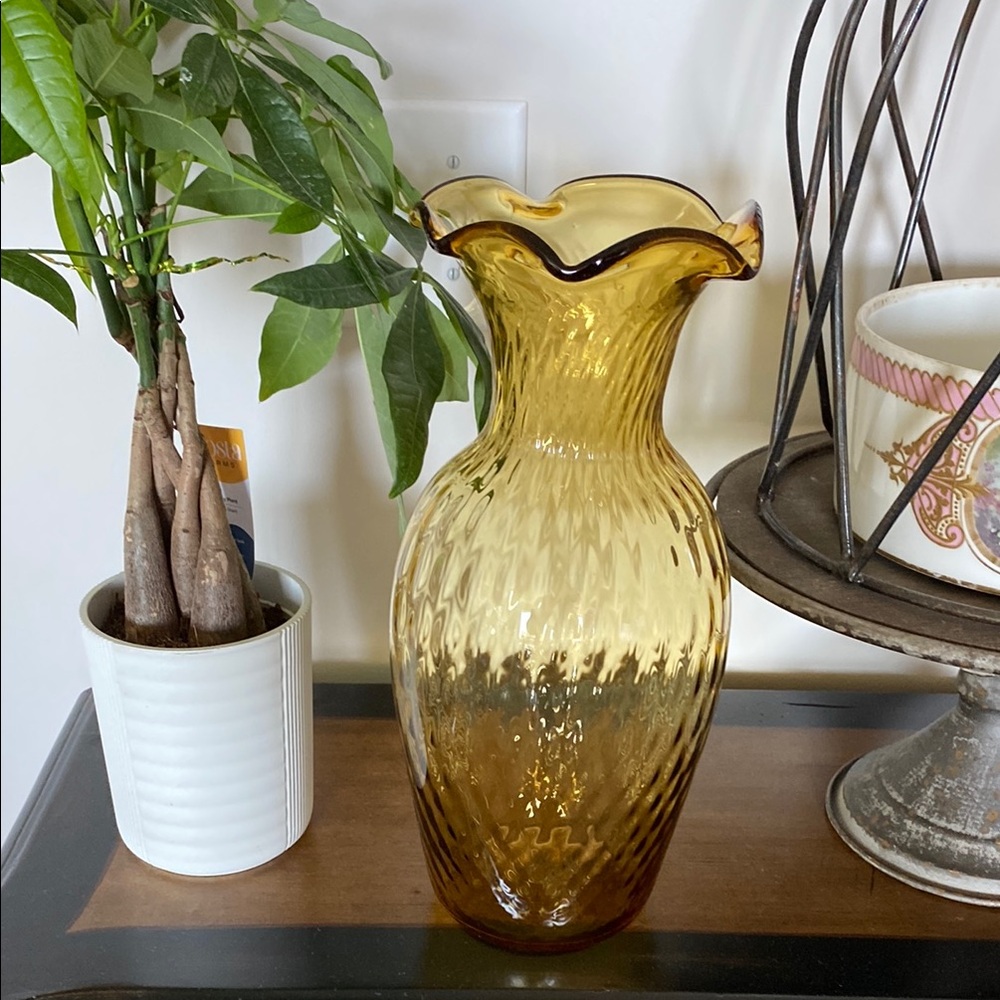 Empoli Vintage Italian Hand Blown Amber Glass Vase!